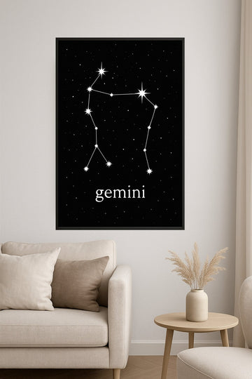 Gemini constellation illustration with white stars on black background.- salon – plakat do druku