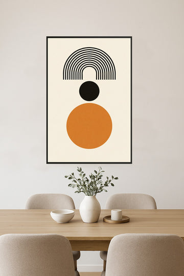 Geometric art with black arch, black circle, and orange circle.- jadalnia