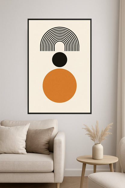 Geometric art with black arch, black circle, and orange circle.- salon