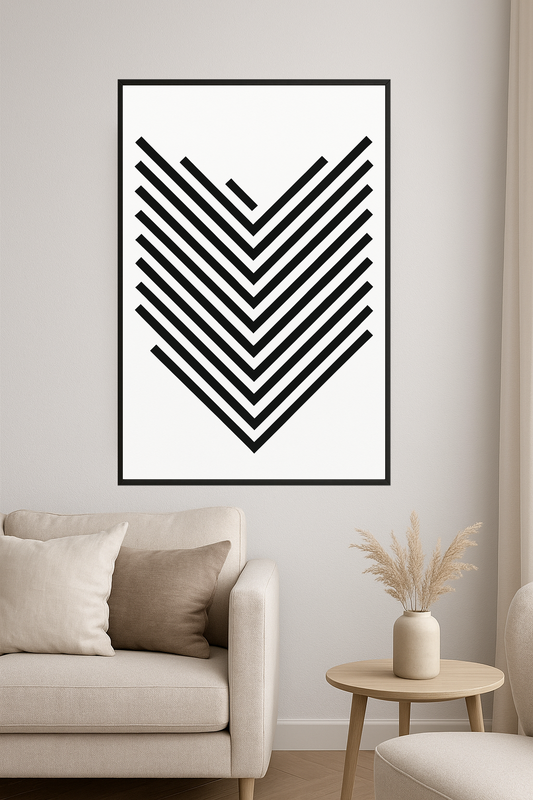 Black diagonal lines in a V-shape pattern on white background.- salon