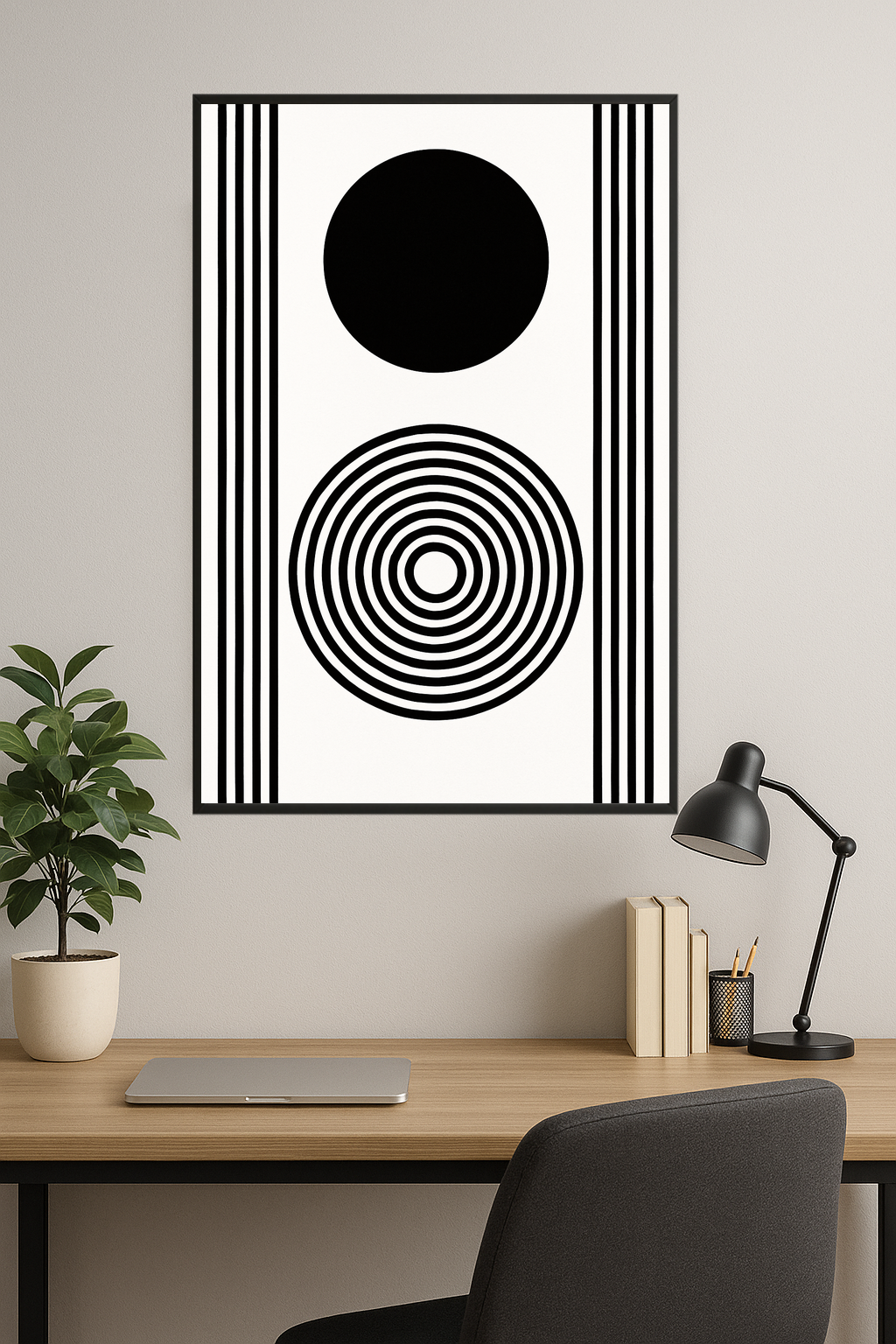 Black and white geometric design with circles and stripes.- gabinet