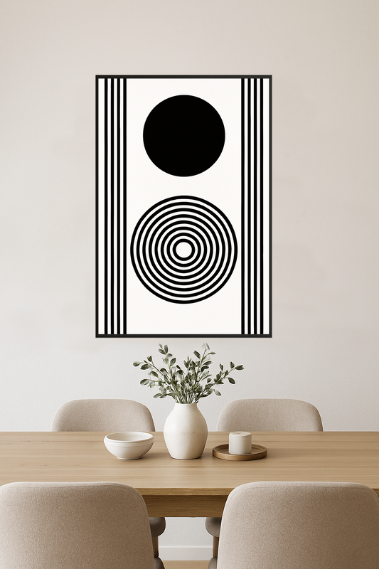 Black and white geometric design with circles and stripes.- jadalnia