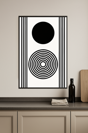 Black and white geometric design with circles and stripes.- kuchnia