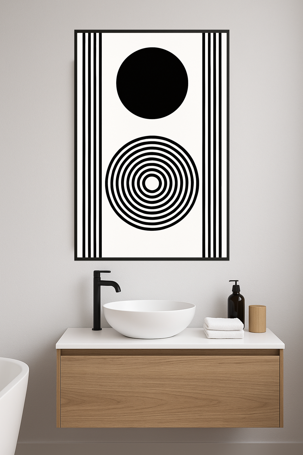 Black and white geometric design with circles and stripes.- lazienka