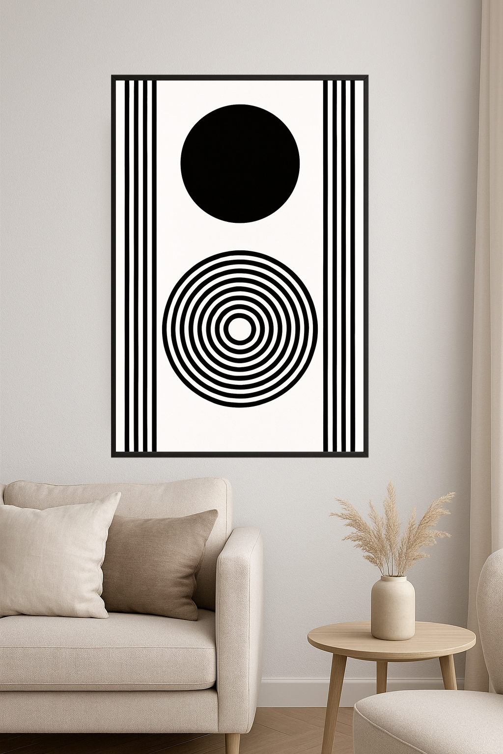 Black and white geometric design with circles and stripes.- salon
