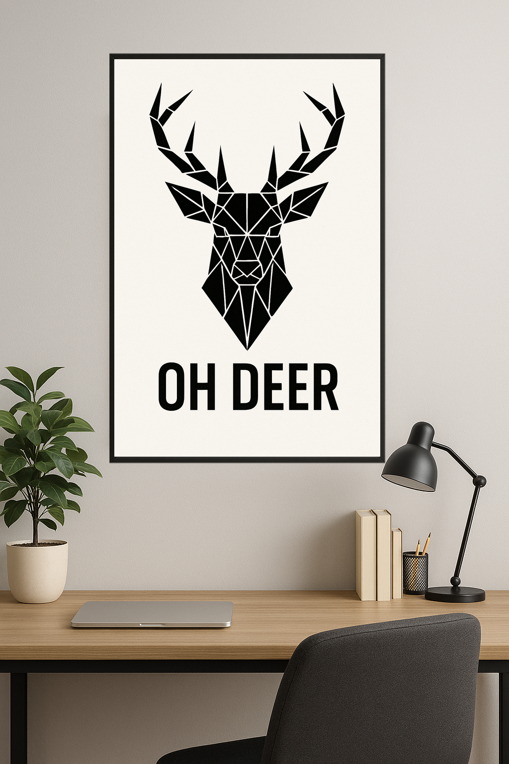 Geometric black deer head illustration with 'OH DEER' text.- gabinet