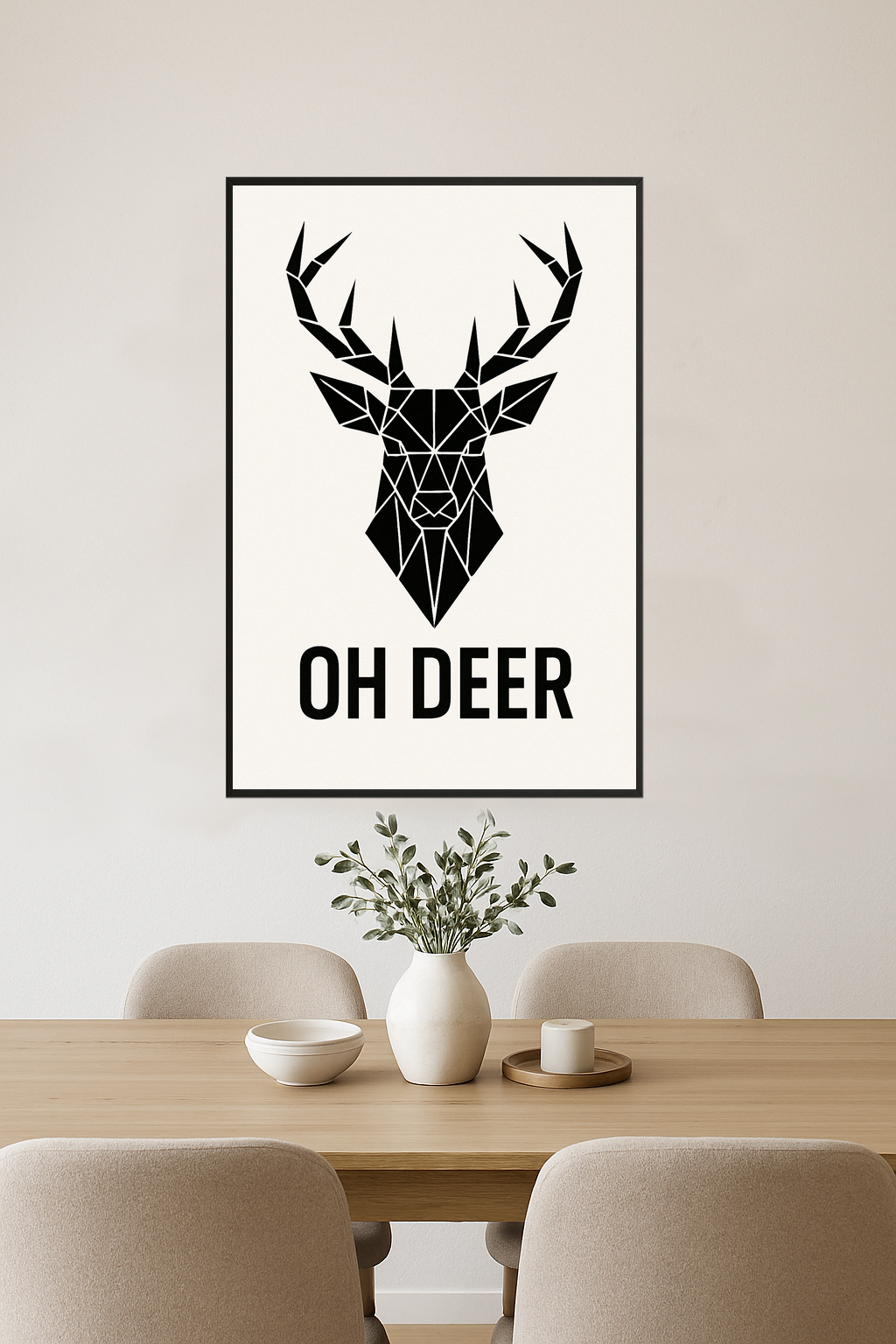 Geometric black deer head illustration with 'OH DEER' text.- jadalnia