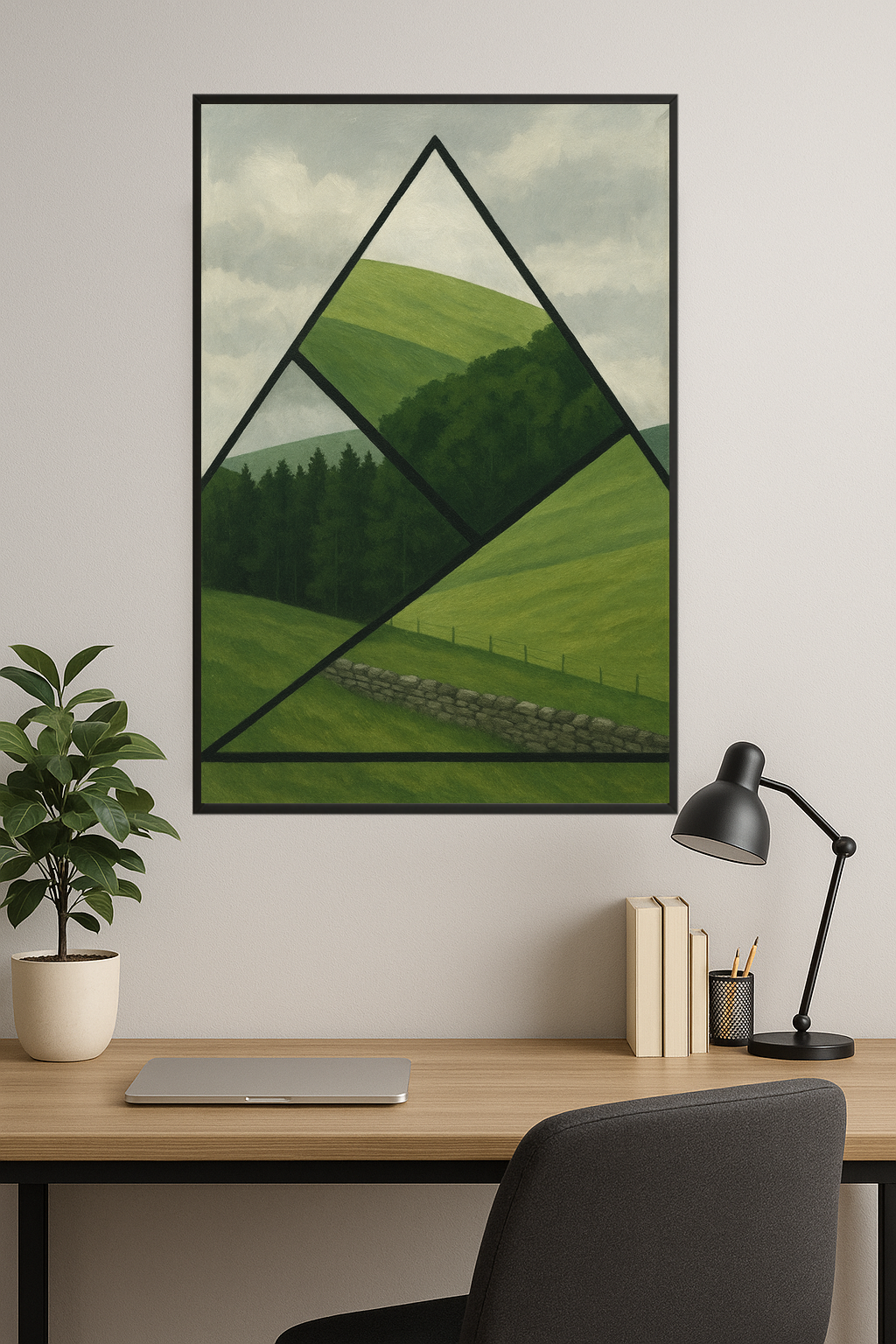 Geometric landscape with green hills and forest segments.- gabinet