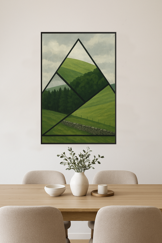 Geometric landscape with green hills and forest segments.- jadalnia