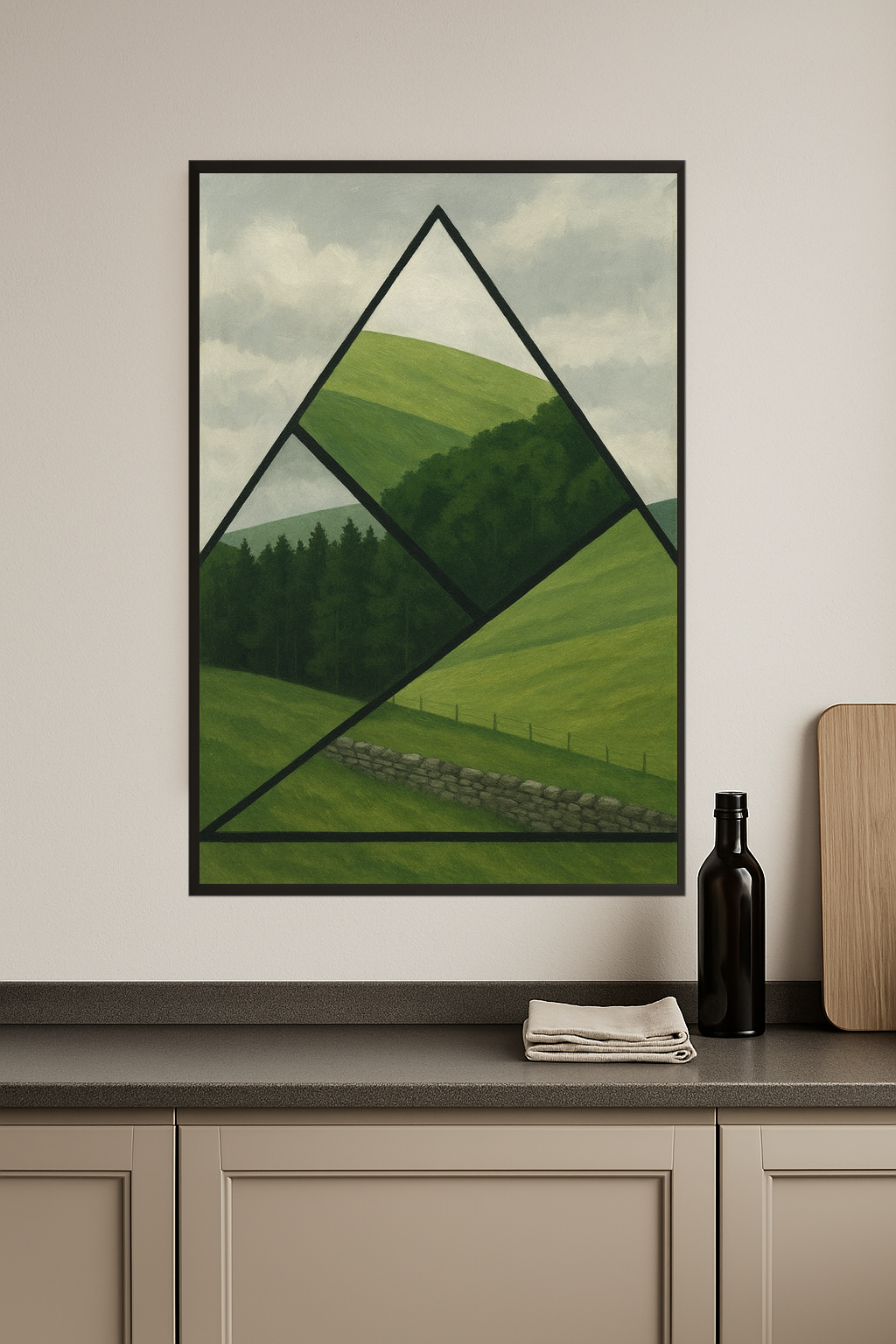 Geometric landscape with green hills and forest segments.- kuchnia