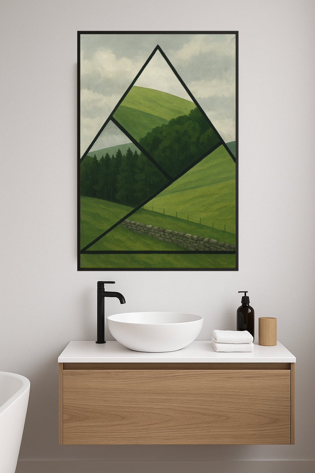 Geometric landscape with green hills and forest segments.- lazienka