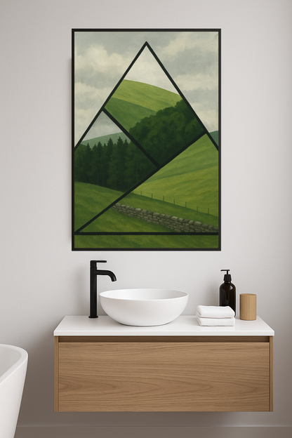 Geometric landscape with green hills and forest segments.- lazienka