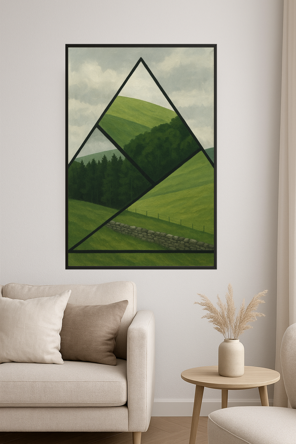 Geometric landscape with green hills and forest segments.- salon