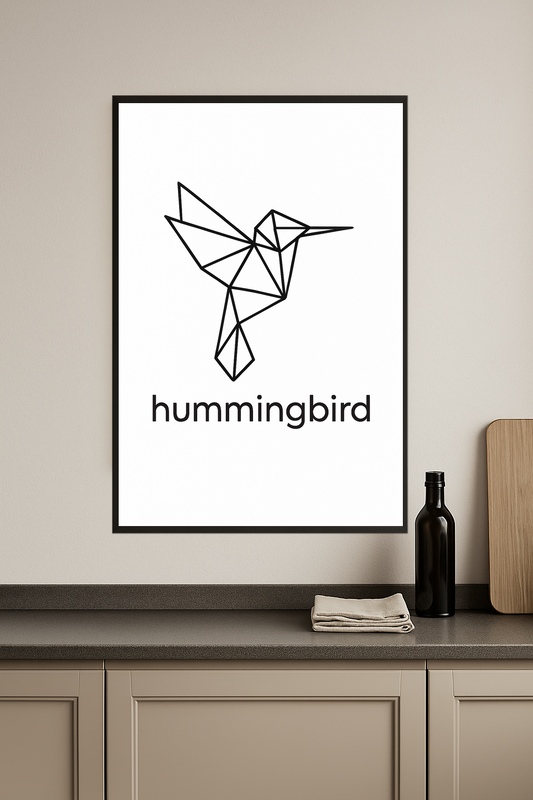 Geometric black outline of a hummingbird with text below.- kuchnia