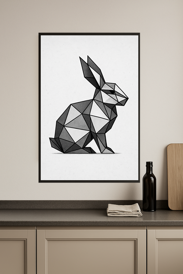 Geometric rabbit illustration in shades of gray and black.- kuchnia