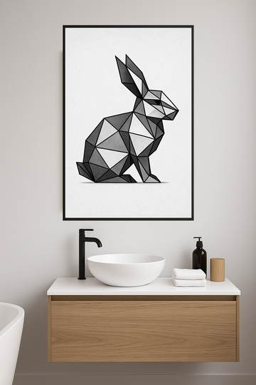 Geometric rabbit illustration in shades of gray and black.- lazienka