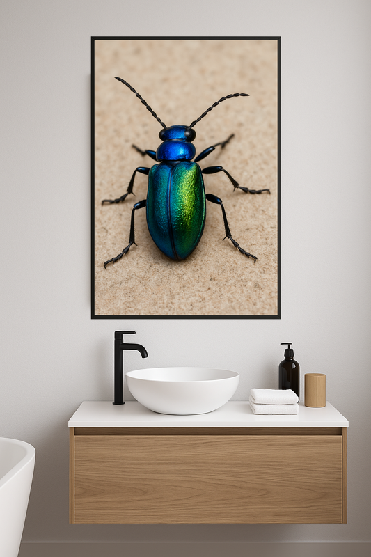 Iridescent beetle with blue head and green body.- lazienka