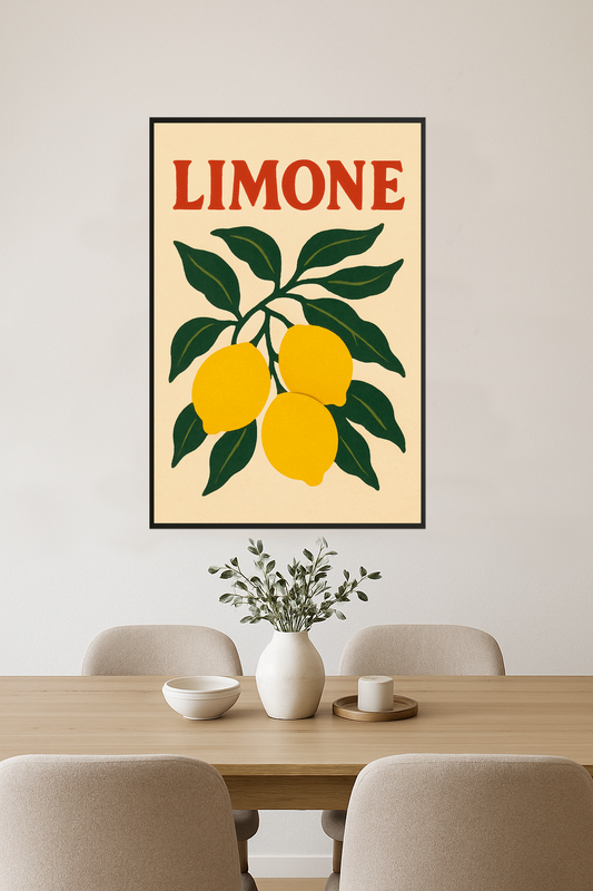 Illustration of a lemon branch with three lemons and green leaves, labeled 'Limone' in red.- jadalnia