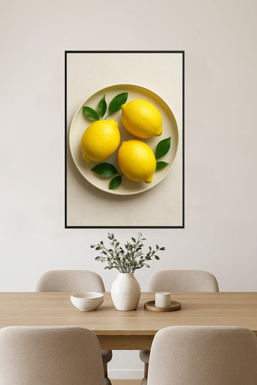 Three bright yellow lemons on a cream plate with green leaves.- jadalnia – plakat do druku