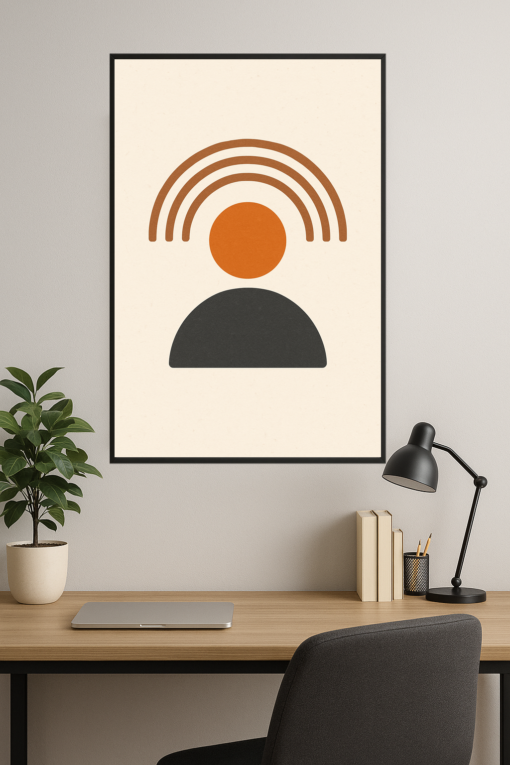 Abstract design with brown arches, orange circle, and gray semicircle.- gabinet