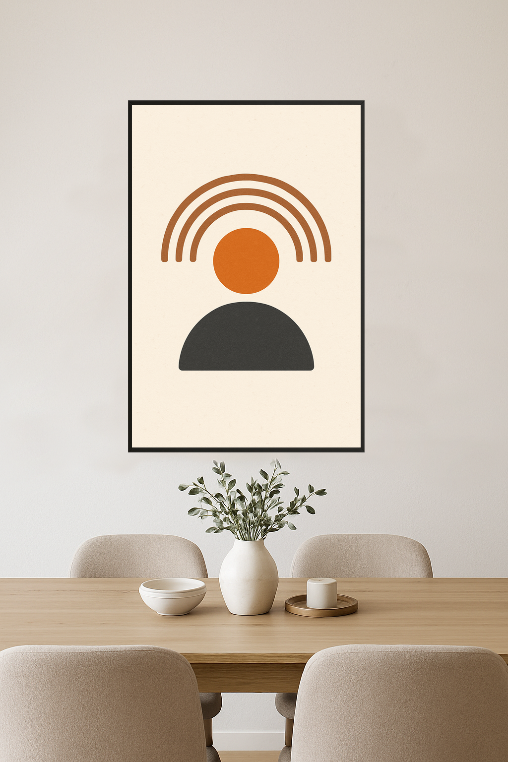 Abstract design with brown arches, orange circle, and gray semicircle.- jadalnia