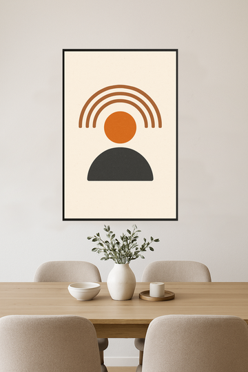 Abstract design with brown arches, orange circle, and gray semicircle.- jadalnia