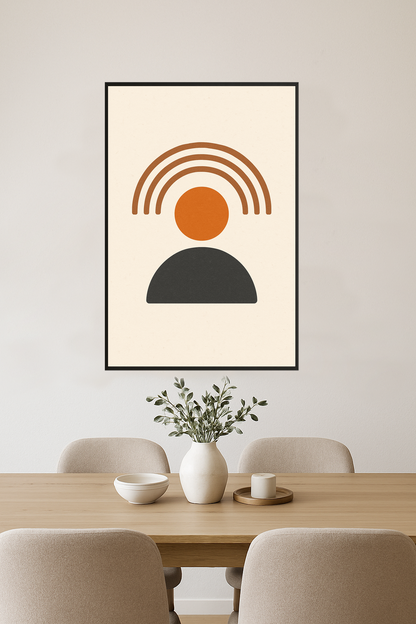 Abstract design with brown arches, orange circle, and gray semicircle.- jadalnia