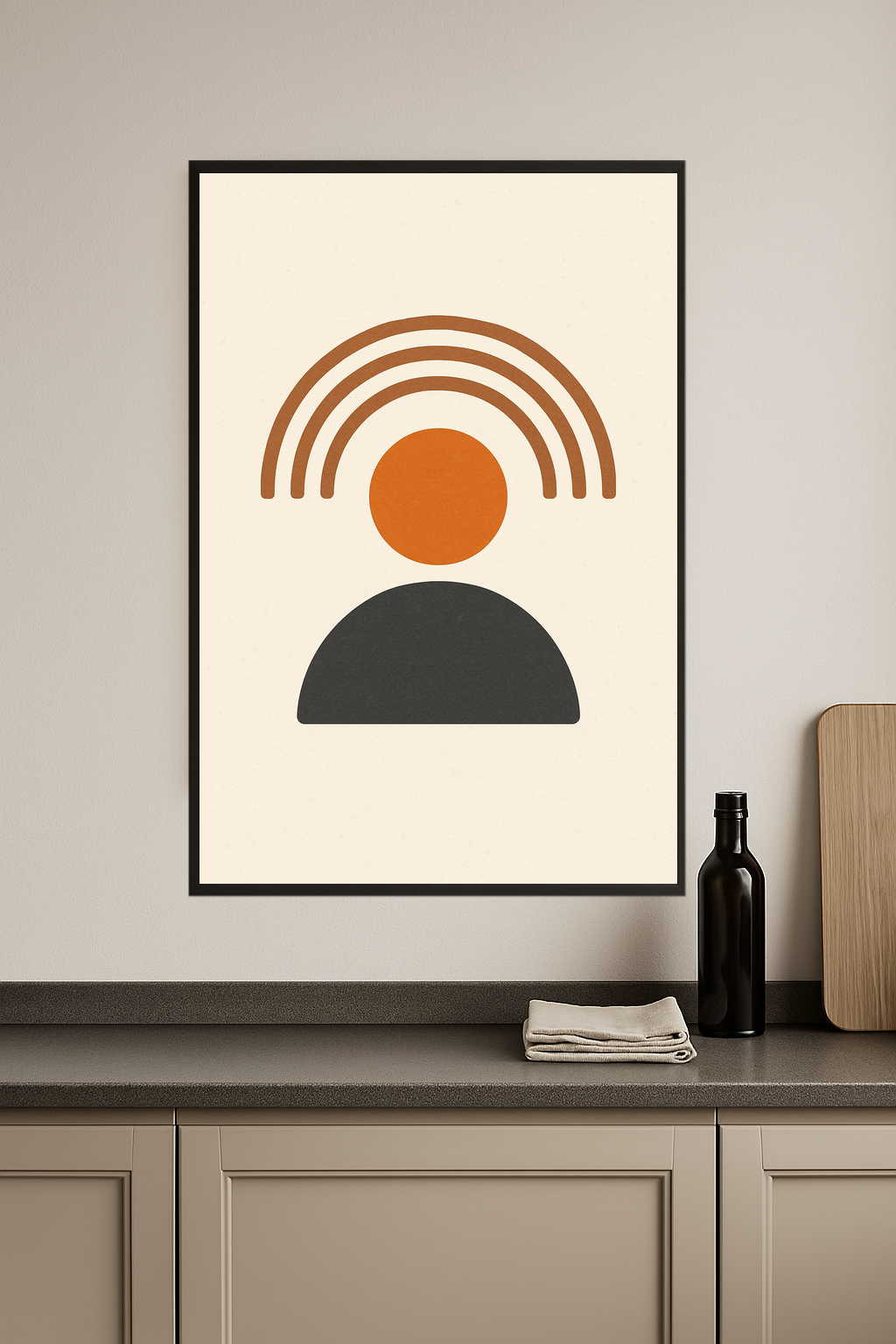 Abstract design with brown arches, orange circle, and gray semicircle.- kuchnia
