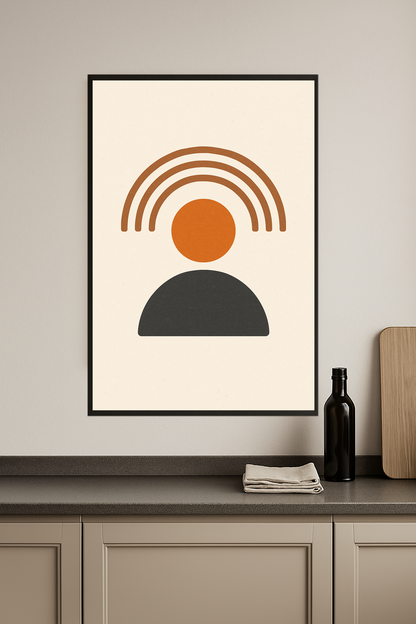 Abstract design with brown arches, orange circle, and gray semicircle.- kuchnia