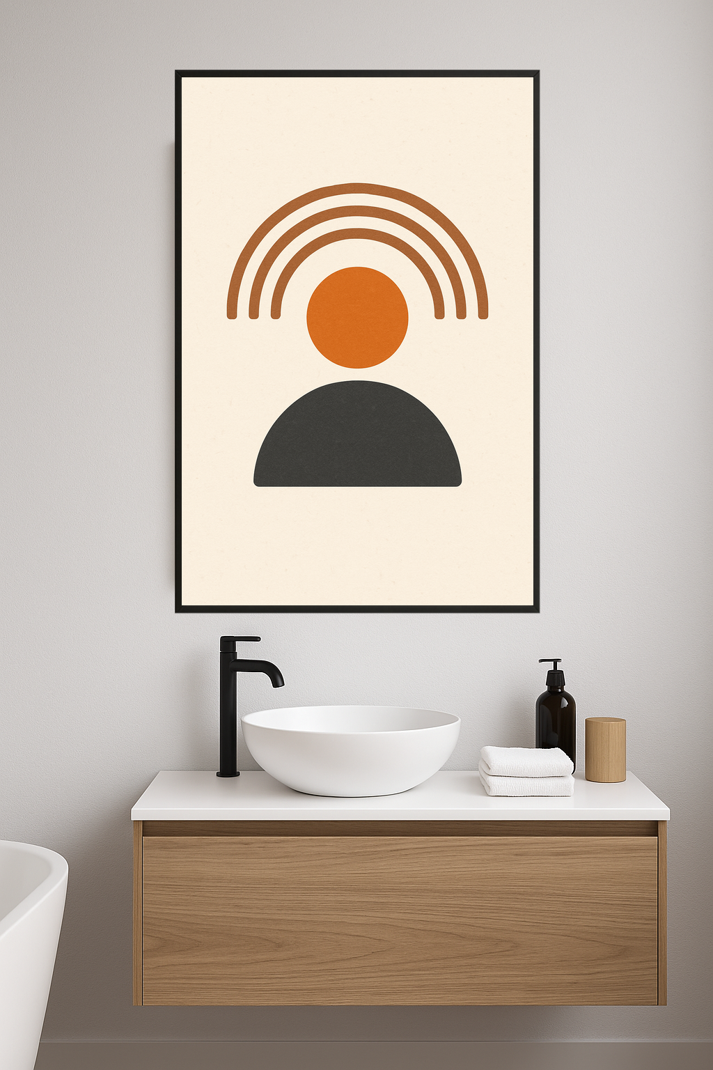 Abstract design with brown arches, orange circle, and gray semicircle.- lazienka