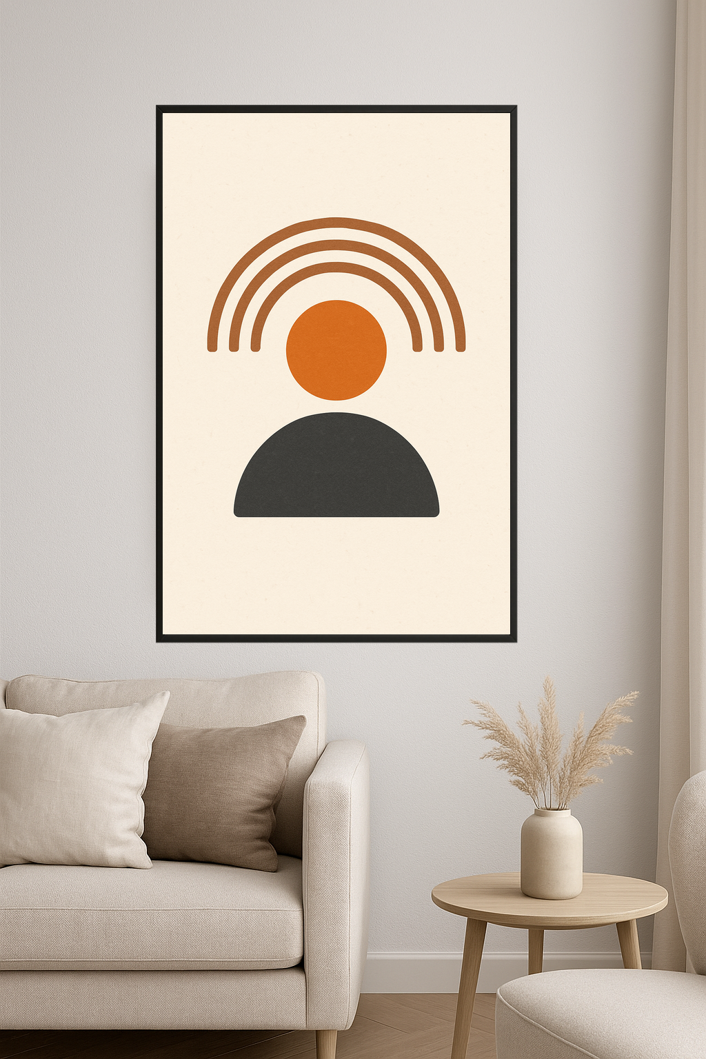 Abstract design with brown arches, orange circle, and gray semicircle.- salon