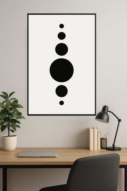 Five black circles of varying sizes on a white background.- gabinet