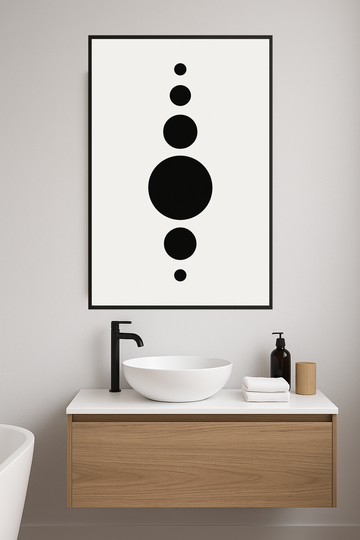 Five black circles of varying sizes on a white background.- lazienka