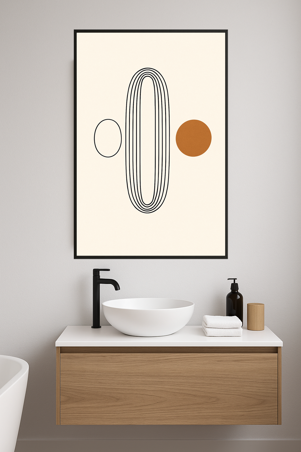Minimalist design with black lines and a brown circle.- lazienka
