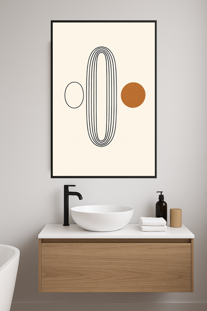 Minimalist design with black lines and a brown circle.- lazienka