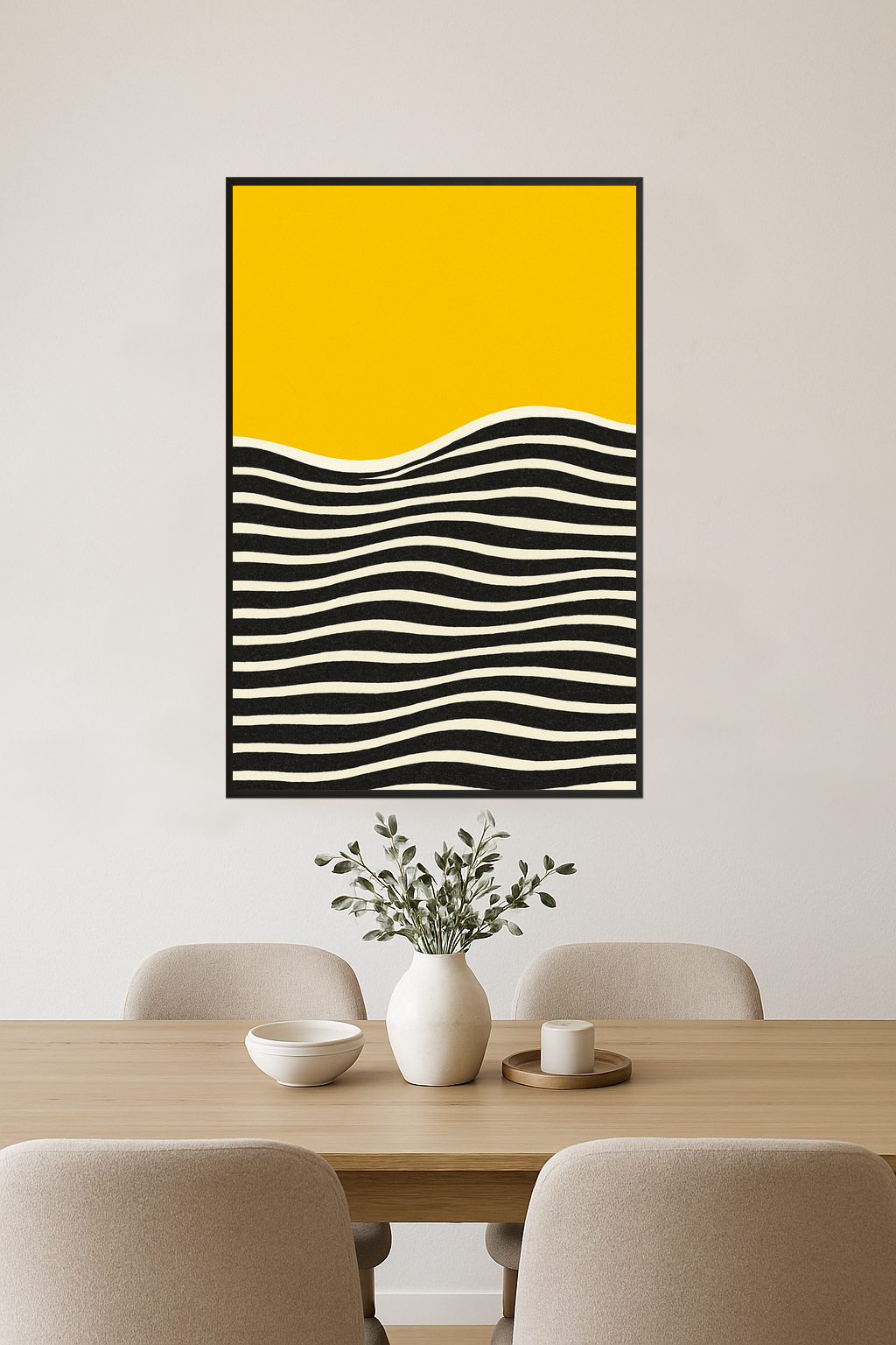 Abstract design with yellow top and black and white wavy stripes below.- jadalnia