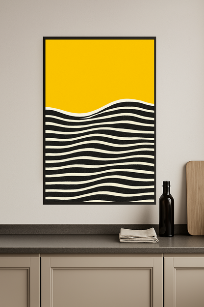 Abstract design with yellow top and black and white wavy stripes below.- kuchnia