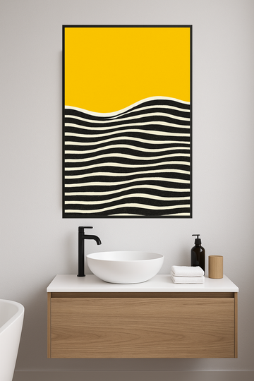 Abstract design with yellow top and black and white wavy stripes below.- lazienka