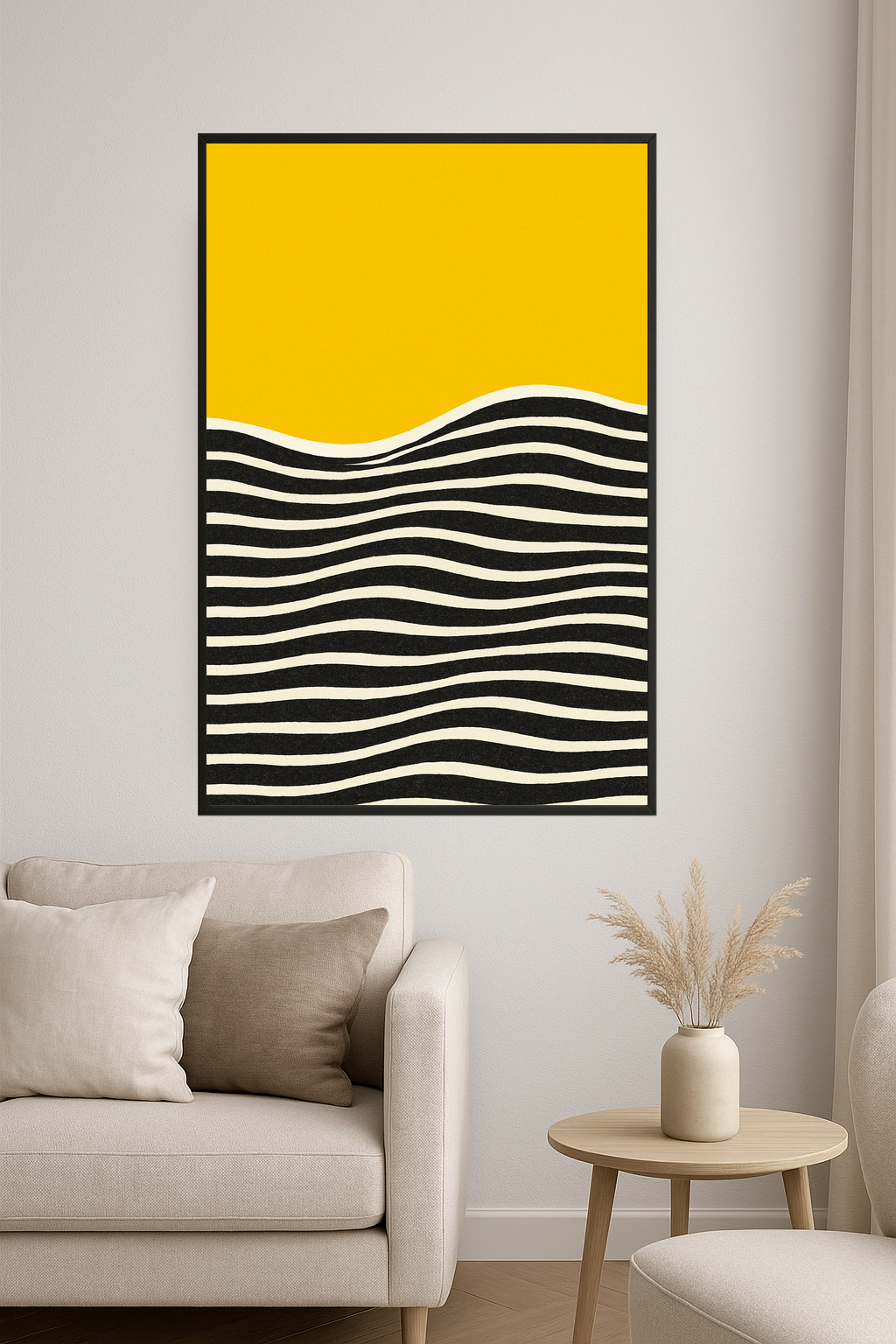 Abstract design with yellow top and black and white wavy stripes below.- salon