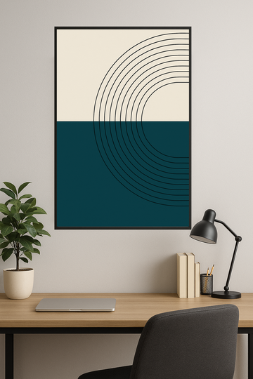 Geometric design with beige and teal sections and black curved lines.- gabinet