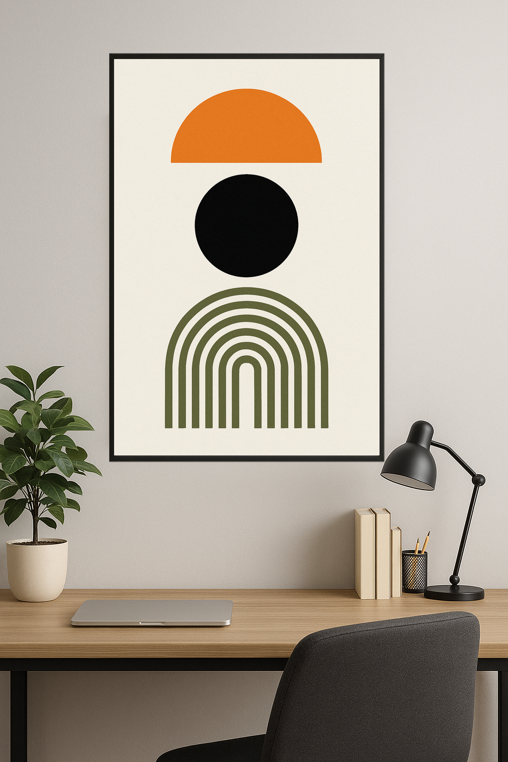 Geometric design with orange semi-circle, black circle, and olive green arch.- gabinet