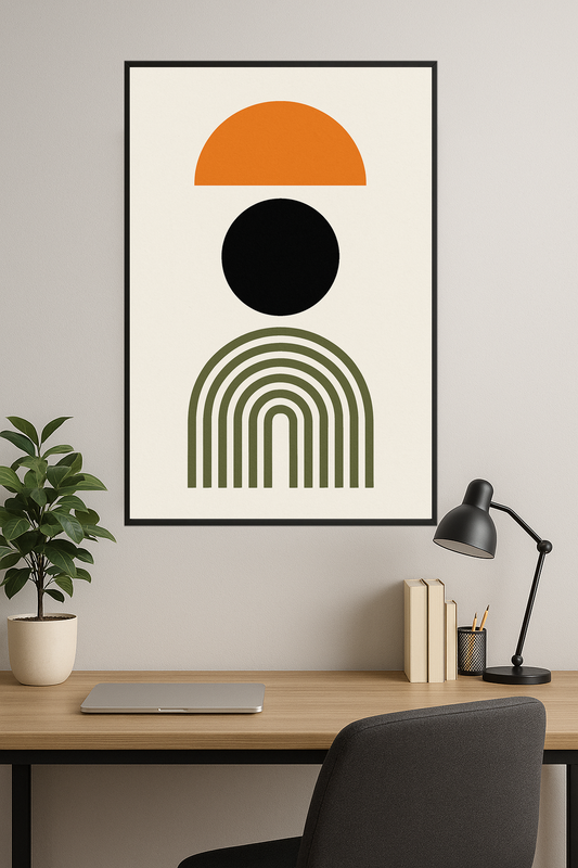 Geometric design with orange semi-circle, black circle, and olive green arch.- gabinet