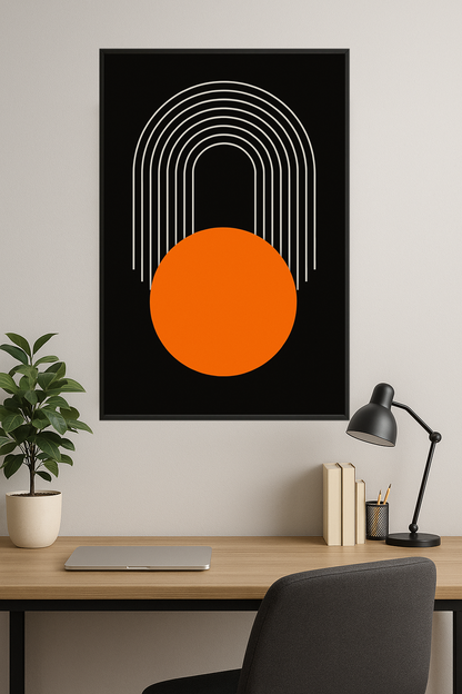White curved lines above a bold orange circle on a black background.- gabinet
