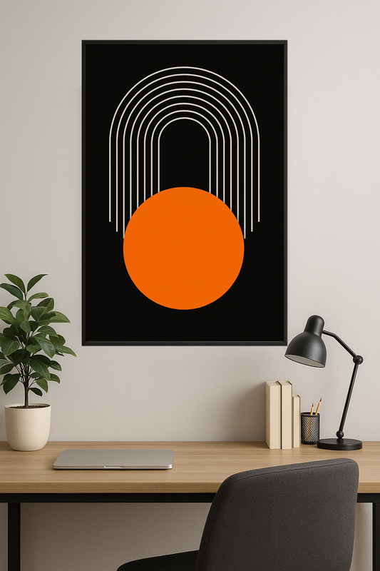 White curved lines above a bold orange circle on a black background.- gabinet