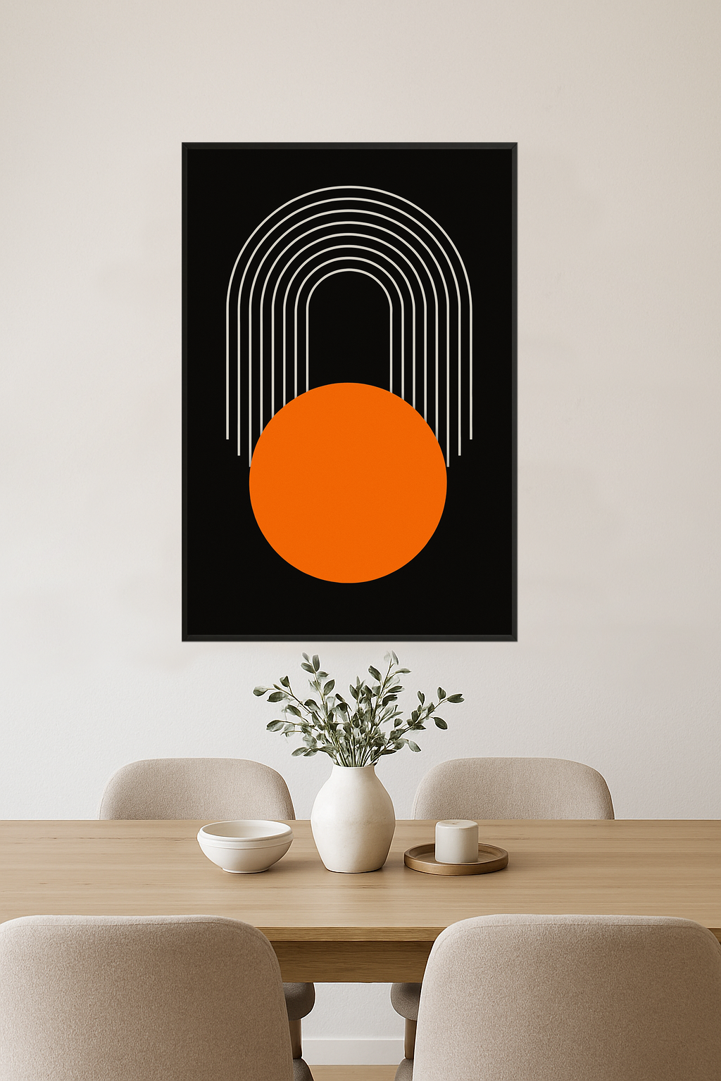White curved lines above a bold orange circle on a black background.- jadalnia