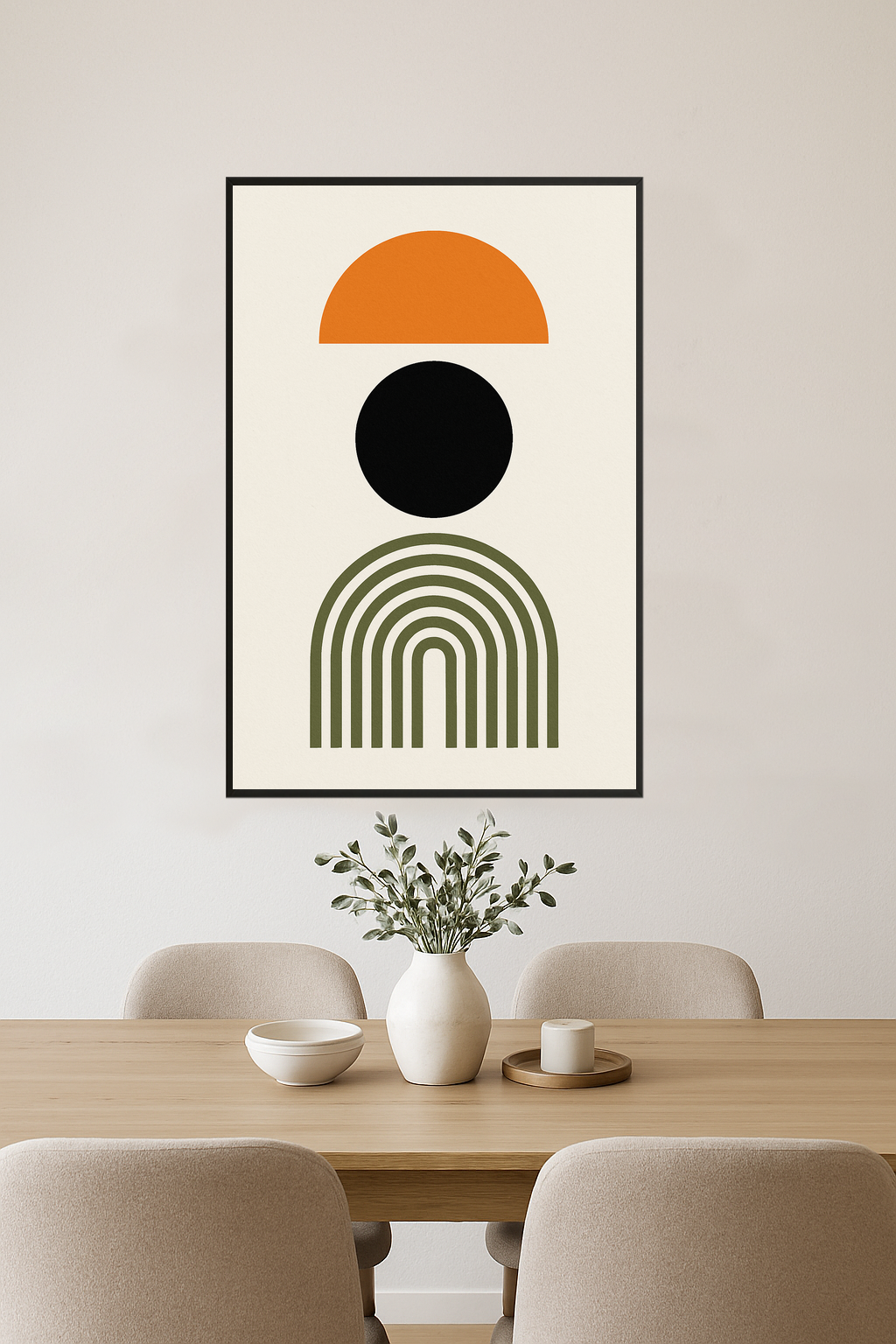 Geometric design with orange semi-circle, black circle, and olive green arch.- jadalnia