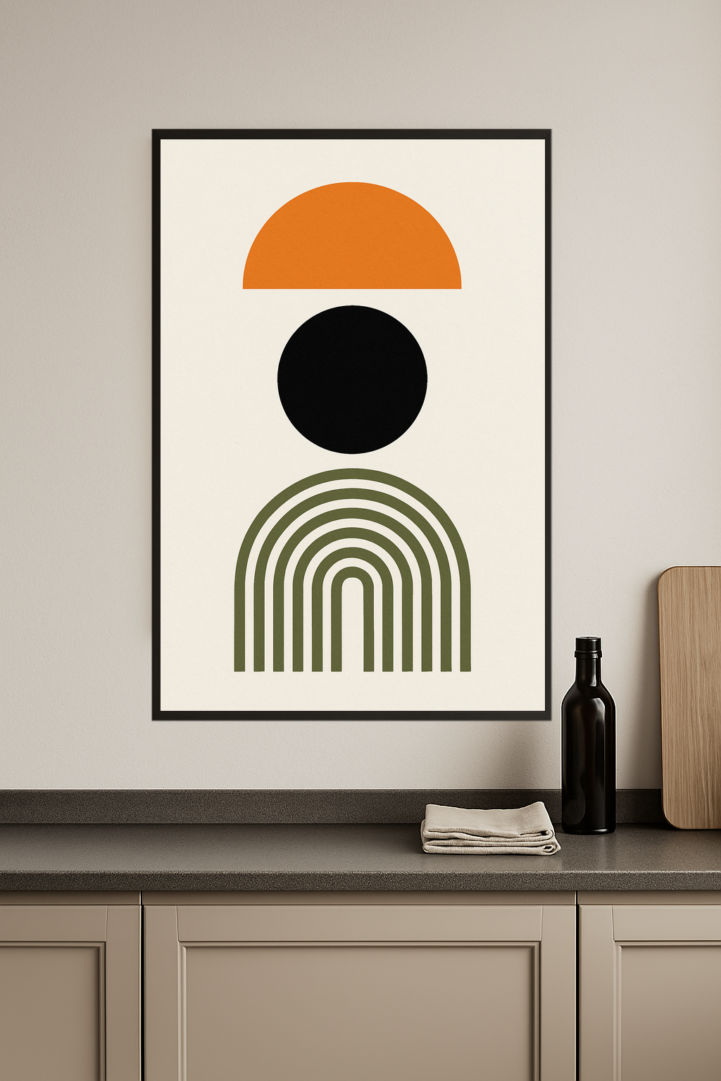 Geometric design with orange semi-circle, black circle, and olive green arch.- kuchnia