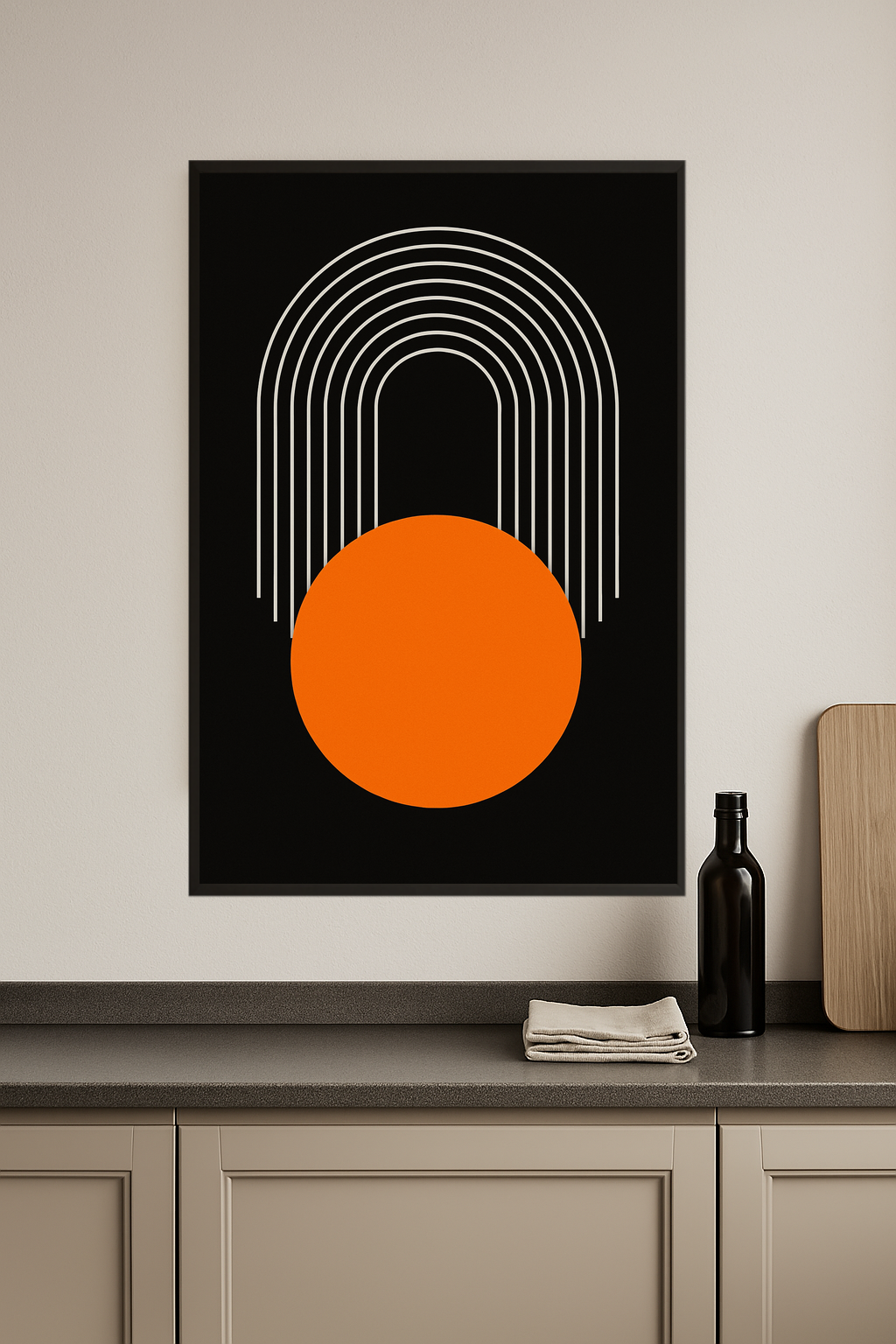 White curved lines above a bold orange circle on a black background.- kuchnia