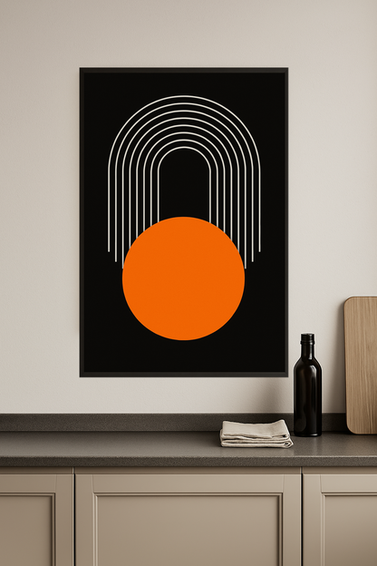 White curved lines above a bold orange circle on a black background.- kuchnia