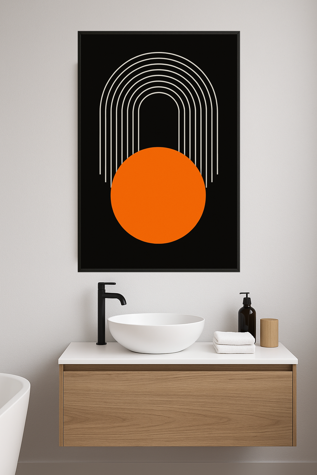 White curved lines above a bold orange circle on a black background.- lazienka